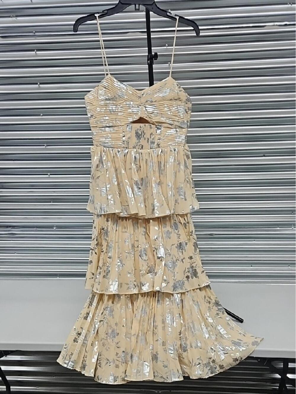 Self-Portrait Beige Dress with Silver Metallic Floral Detail
